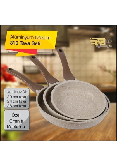 Thermoad 3'Lü Granit Döküm Tava Seti 20 Cm 24 Cm 28 Cm Vizon 7698333049096