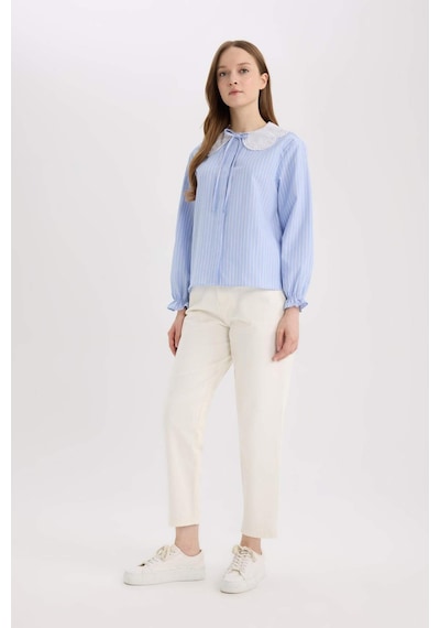 DeFacto Regular Fit Geniş Yakalı Çizgili Poplin Uzun Kollu Gömlek Tunik E4354AX25SPBE40 Mavi