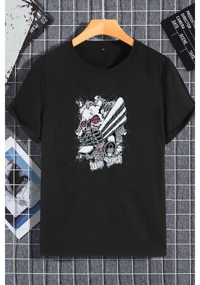 Unisex Kadın Erkek Kurukafa Mınçıka Baskılı Oversize T-shirt Siyah Mck2268 Siyah