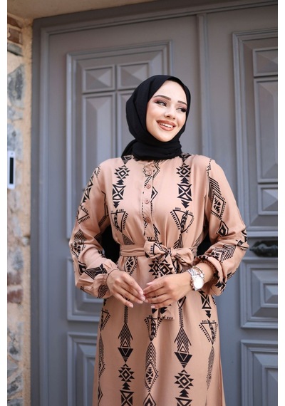 Hira Life Fashion Kadın Tesettür Geometrik Desen Önü Düğmeli Ve Bel Kuşaklı Viskon Elbise Vizon Vizon Hira Life Fashion Kadın Tesettür Geometrik Desen Önü Düğmeli Ve Bel Kuşaklı Viskon Elbise Vizon Vizon