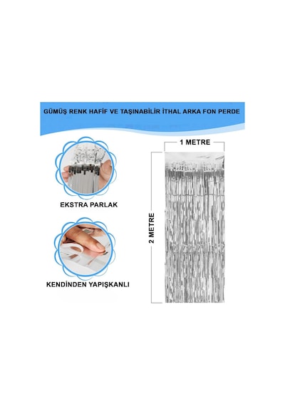 Gümüş Renk Ekstra Metalize Parlak Saçaklı Arka Fon Perde İthal A Kalite 1x2 Metre Açık Bej
