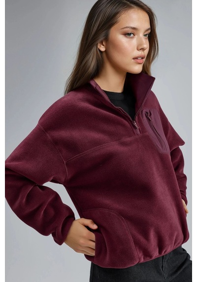 Hiccup Busem Fermuarlı Yakalı Peluş Örme Sweatshirt, Cepli Bordo Kırmızı