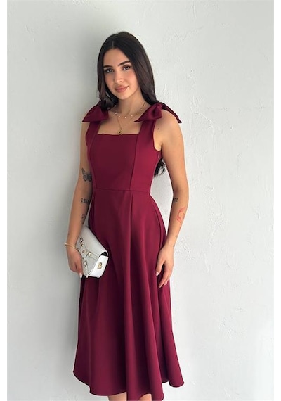 Dipmoda Kadın Askılı Fiyonk Detaylı Kloş Elbise Dpk4185 Bordo