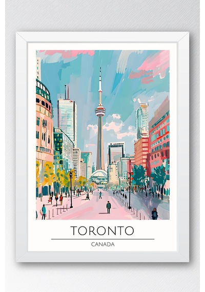 Toronto Kanada Temalı Çerçeveli Tablo Travel Serisi Modern İllüstrasyon Şehir Duvar Dekoru Beyaz