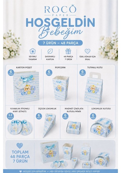 Mavi Ayıcıklı Hoşgeldin Bebeğim Hediyelik Seti, Baby Shower Ve Doğum Günü İkram Seti,7 Ürün-48 Parça 0 - 20 Ay