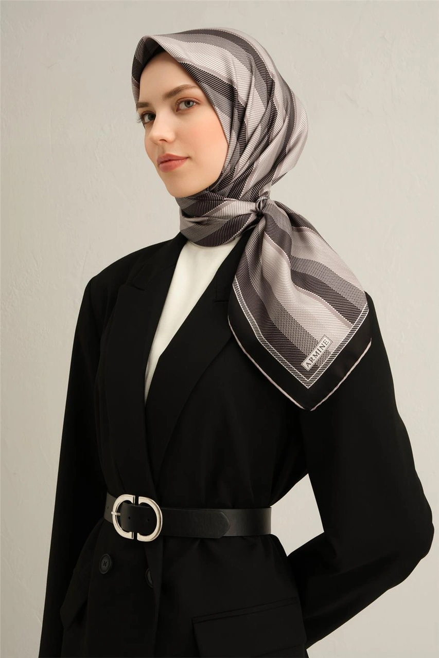 Armine Klasik Desenli Saf İpek Twill Eşarp 9327d 83 Füme