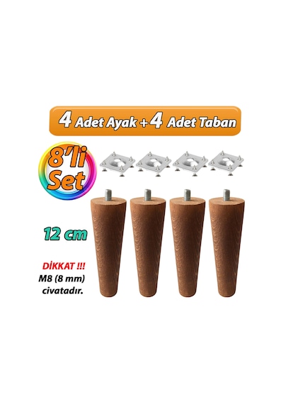 Ahşap Ayak 12 Cm 8'li Set Koyu Meşe M8 Civatalı Bağlantı Aparatlı Dolap Mobilya Koltuk Kanepe Destek Ayağı Ayakları Koyu Meşe