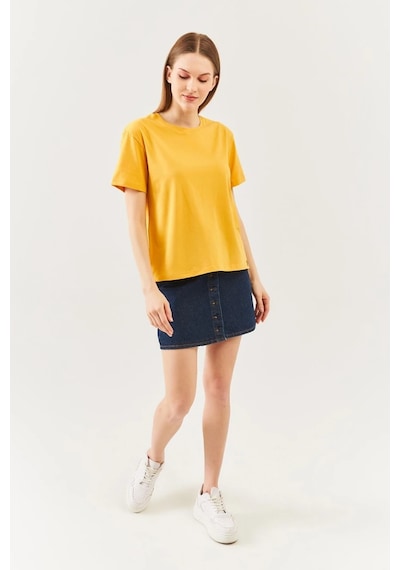 Kadın Oversize Rahat %100 Pamuklu Penye Bisiklet Yaka Kısa Kol Basic T-shirt Hardal
