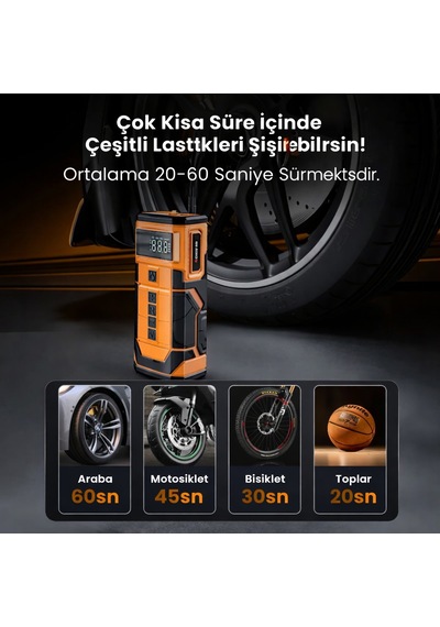 Harvox Hxac-003 10.000 Mah Akü Takviyeli Hava Kompresörü Şarjlı Digital Göstergeli Araç Lastik Şişirme 150 Psı