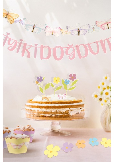 Kelebek Ve Çiçekler Temalı Doğum Günü Konsepti Süsleme Seti , Cupcake Süsü Flama Etiket Dijital Baskı
