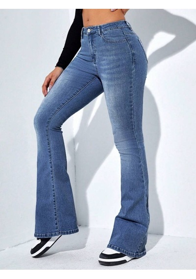Soonaksesuar Kadın Yüksek Bel Cepli İspanyol Paçalı Kot Jeans Pantolon Mavi