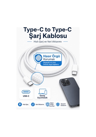 Type-c To Type-c Hızlı Şarj Data Kablosu - 1 Metre - Hasır Örgü - Type-c Tüm Cihazlarla Uyumlu