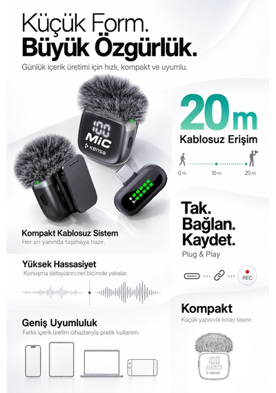 Kensa 2 Li Kablosuz Yaka Mikrofonu Type-c İphone Android Uyumlu