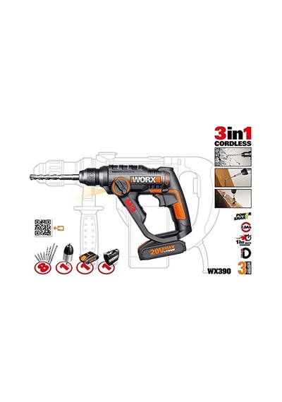 Tr Wx390.1 20volt 2.0ah. Li-ion 1.2j Profesyonel Sds-plus Pnömatik Çift Akülü Şarjlı Matkap + 8 Adet Uç + Mandren