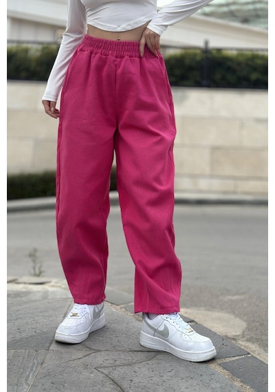 WeShaya Kadın Pembe Yüksek Bel, Cepli, Beli Lastikli, Salaş Gabardin Pantolon Pembe