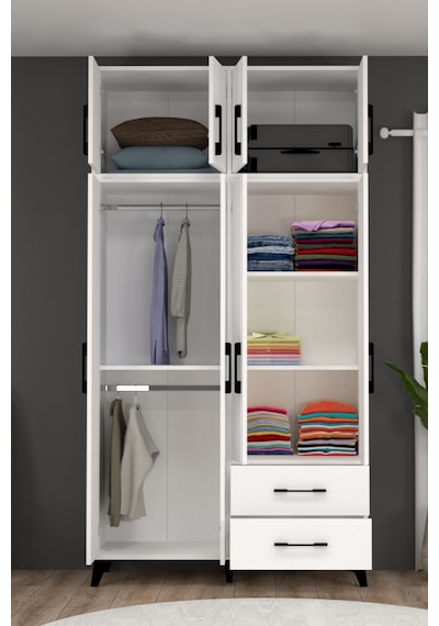 Ediz Sekiz Kapaklı İki Çekmeceli Beyaz Gardırop Xl