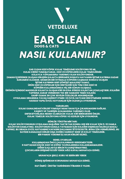 Vetdeluxe Ear Clean Losyon Kediler ve Köpekler İçin Kulak Temizleme Bakım 50 ML