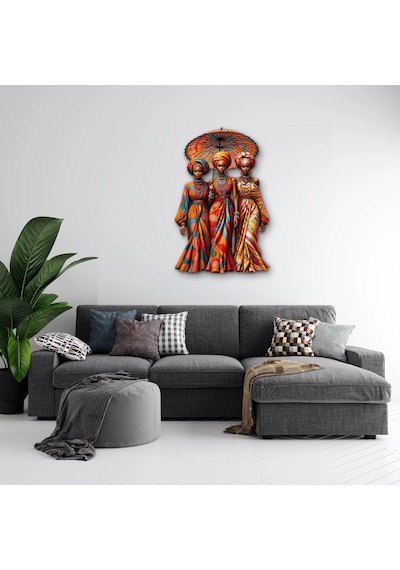 Şemsiye Altında Üç Afrikalı Kadın - Metal Tablo - Dec0272 62 X 95 Cm Çok Renkli