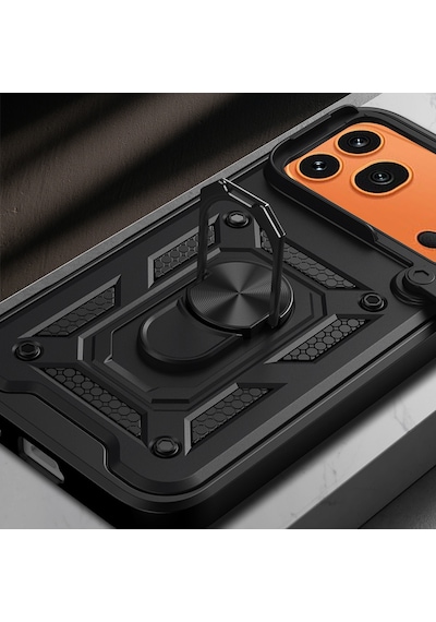 Maks Technology Honor 600 Pro 5g Kılıf Magnetik Standlı Kamera Korumalı Mkst Sürgülü Vega Kapak - Siyah