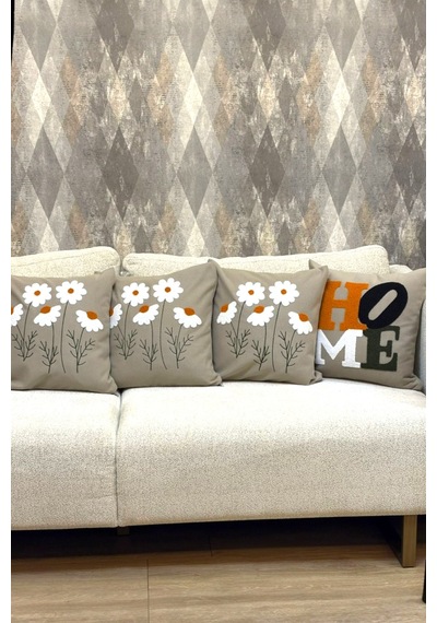 4 Lü Dekoratif Pamuklu Kırlent Kılıfı Seti 3 Papatya 1 Home Modern Boho Etnik Çift Katlı Kumaş Bej Bej