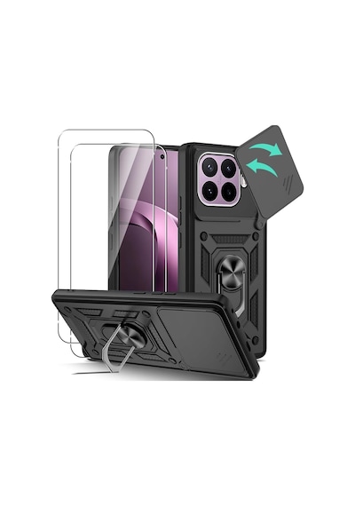 Teleplus Xiaomi 17t Kılıf Armor Slide Yüzüklü Tank Kapak + 2 Ad Nano Ekran Koruyucu Siyah