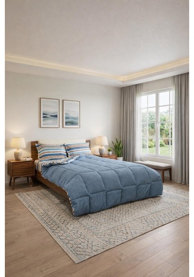 Sherpa Peluş Çift Kişilik Lastikli Çarşaflı Comforter Set Mavi