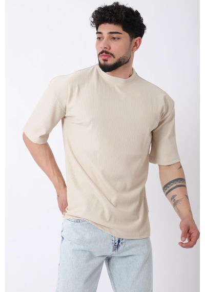 Çizgili Oversize Bisiklet Yaka Tişört Stu-2452 30463 Bej