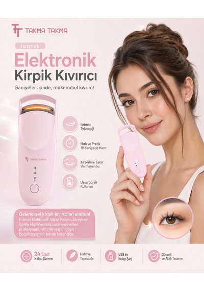 Ekcp - Ekcp Elektrikli Kirpik Kıvırma Cihazı Pembe - 10'lu Tekrar Kullanılabilir El Yapımı Protez Takma Tırnak