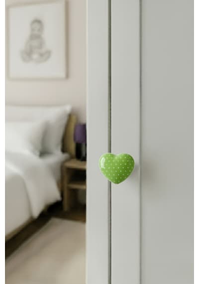 5 Adet Porselen Çocuk Odası Yeşil Kalp Mobilya Kulpu Seramik Çekmece Dolap Düğmesi 55x45 MM Yeşil