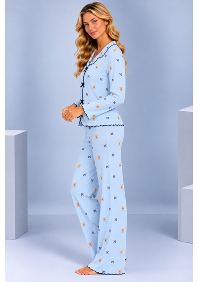 Pijamask Kadın Desenli Fiyonk Detaylı Düğmeli Uzun Kollu Müslin Pijama Takımı Mavi-21