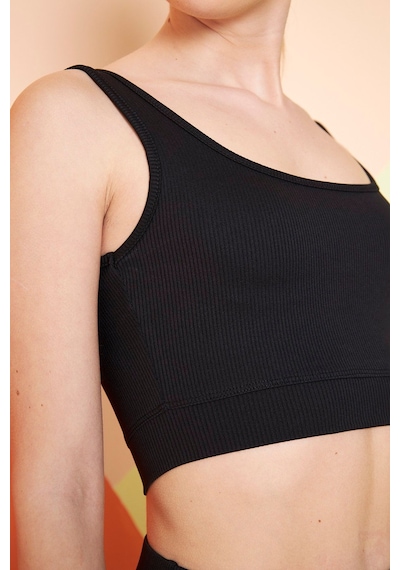 Thiff Gymwear Yeşil Fitilli Kare Yaka Esnek Örme Crop Büstiyer Atlet Siyah