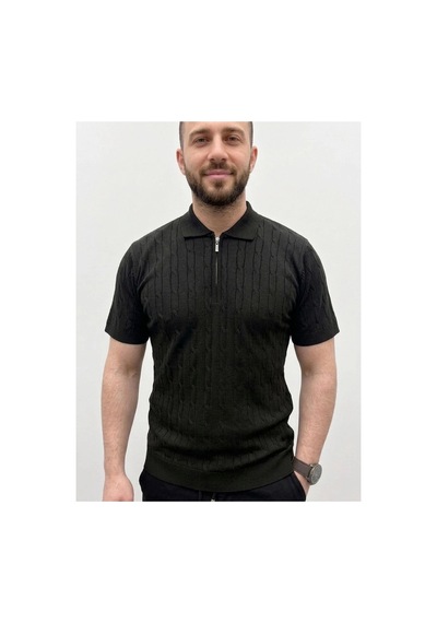 Erkek Yazlık Triko Saç Örgü Tişört Kısa Kol Polo Yaka Fermuarlı T-shirt - Siyah