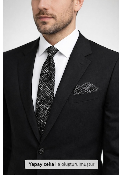 Gaffy Beyaz Desenli Siyah Dokuma Kumaş Mendilli Slim Fit Kravat // Sdk-2602-1 Siyah
