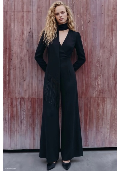 Sateen Püskül Fullarlı Krep Tulum Siyah