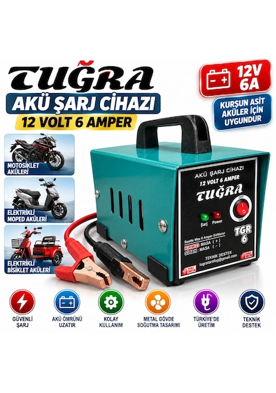 Tuğra 12v 6a Akü Şarj Cihazı Kurşun Asit Aküler İçin Motosiklet Elektrikli Bisiklet Ve Moped Akü Şarj Aleti