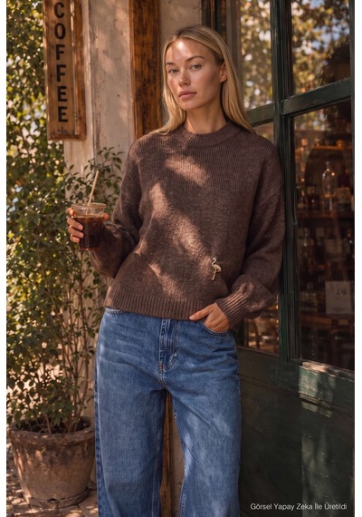 Kadın Kahve W6-16 Oversize Aksesuar Detaylı Tasarım Triko Kazak