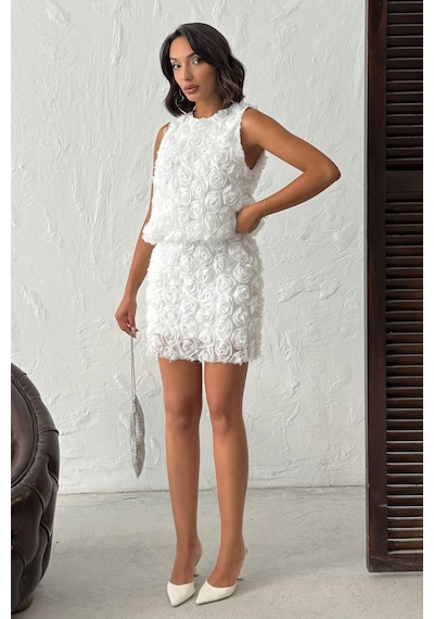 Verymoda Gül Desenli Tül Etek F1757 Krem