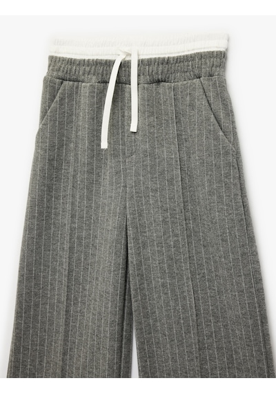 Koton Beli Bağlamalı Bol Paça Çizgili Pantolon Gri Çizgili 6skg40076ak Gri