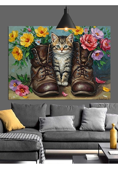 Botlu Kedi Çiçekli Çizim Dekoratif Kanvas - Mdf Ahşap Tablo
