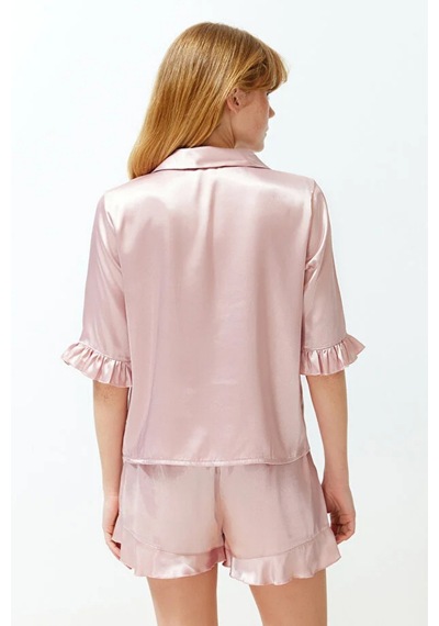 Pembe Fırfır Detaylı Saten Şortlu Dokuma Pijama Takımı