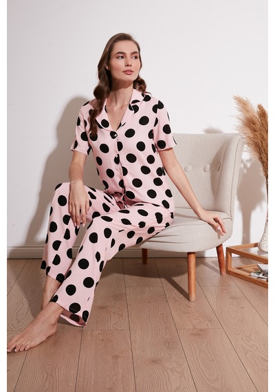 Lela Rahat Kesim Bol Paça Mono Yaka Kısa Kollu Bayan Pijama Takımı 6110290 Pembe
