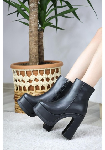 Asmi Shoes Kadın Latina 12 Cm Platform Topuklu Fermuarlı Bot Siyah Siyah