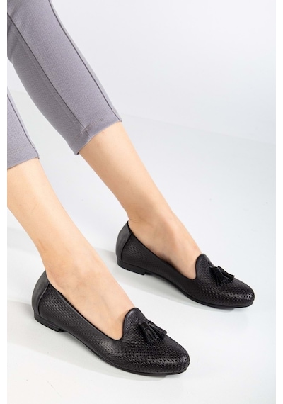 Analin Shoes Kadın Hakiki Deri Baskılı Püsküllü Babet Siyah