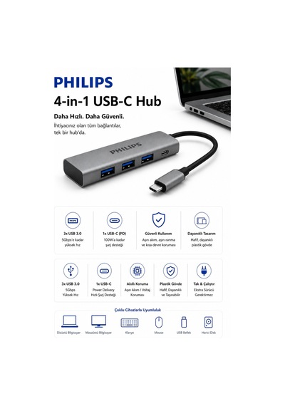 Philips SWR5041/00 USB-C 4'ü 1 Arada USB 3.0 Hub, 3x USB-A + 1x USB-C, 5Gbps Veri Aktarımı, Plastik Gövde