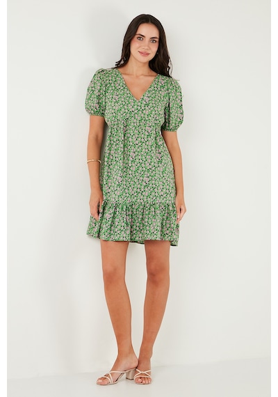 Lela Regular Fit V Yaka Balon Kol Desenli Mini Bayan Elbise 67810045 Yeşil