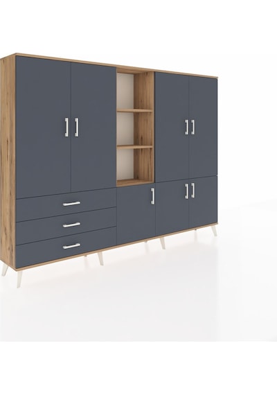 Arges Dolap 11 Raflı 3 Çekmeceli 7 Kapaklı 220x30x163 Çam-antrasi Çam-antrasit