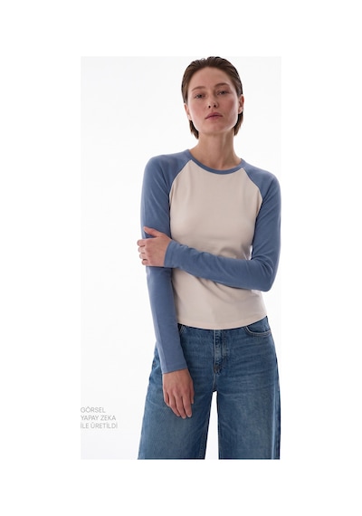 Penti Mavi Raglan Contrast Uzun Kollu Bluz Be68
