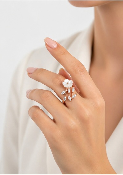 Çekirdekjewelry 925 Ayar Gümüş Manolya Çiçekli Ayarlanabilir Yüzük Pembe