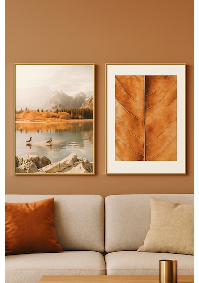 Sonbahar Zarafeti Modern Tablo - Gerçek Cama Baskı Gold Alüminyum Metal Çerçeveli 2'li