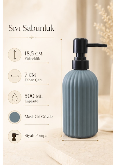Vovy Çizgili Cam Sabunluk 500 Ml Siyah Pompalı Modern Sıvı Sabun Ve Deterjan Dispenseri - 18,5 Cm X 7 Cm Füme